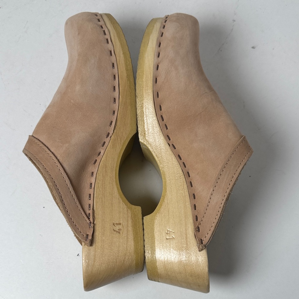 No. 6 Old School Clogs Neutral Tan Suede Mid Heel Wooden Minimal NYC Designer 41 - Picture 5 of 14